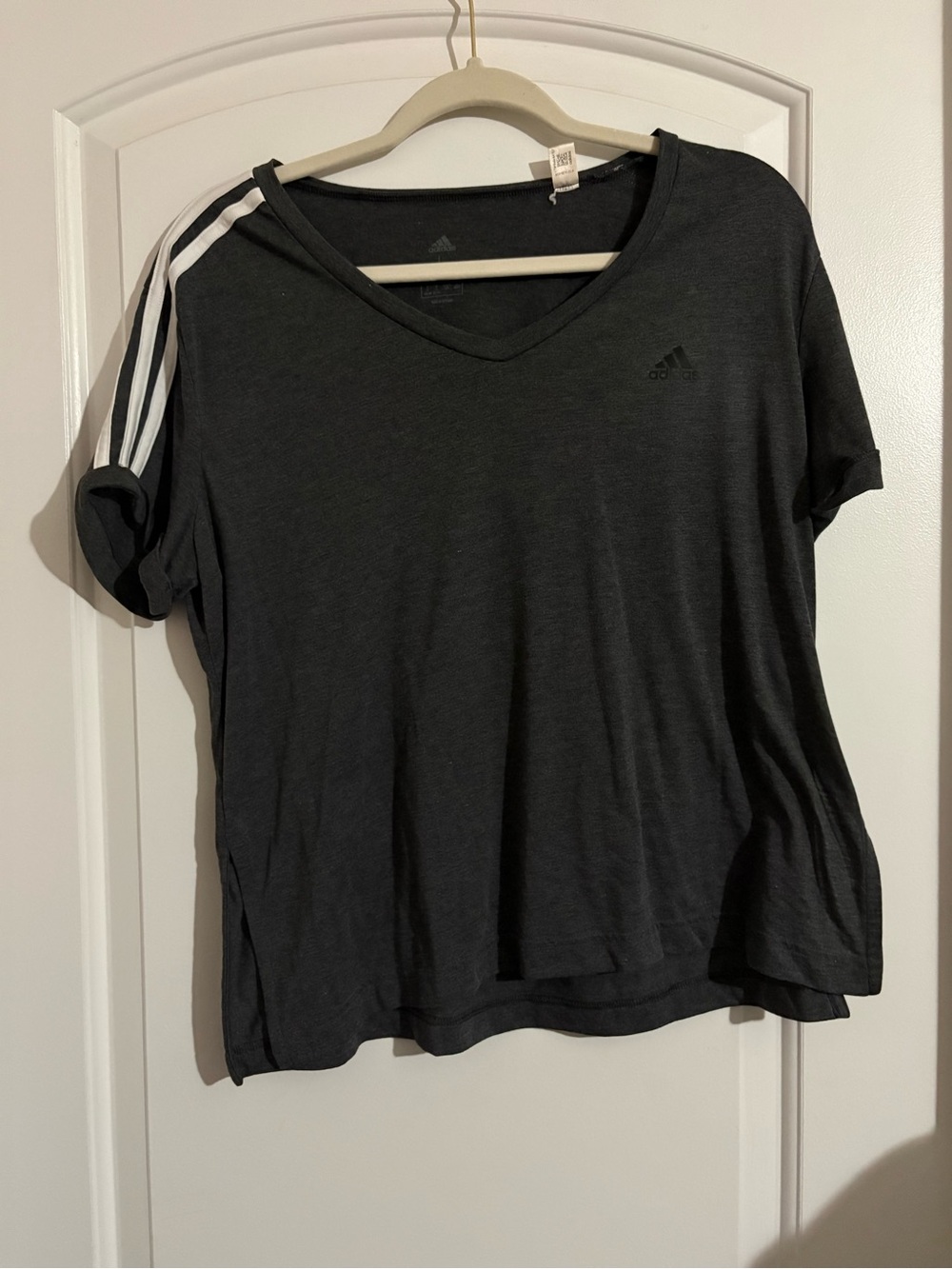 adidas Black V-Neck Short Sleeve Tee with White Shoulder Stripes